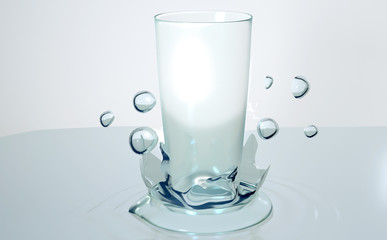 The glass is transparent. Water in a glass pours, splashes of water, drops. 3D-rendering