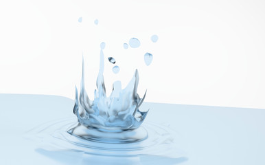 Water, water surface, spray, pouring, circles on the water. 3D-rendering
