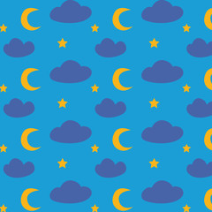 Cute stars, clouds and moon. Children's illustration. Simple bright pattern. Design for textile, wrapping paper. Scandinavian style. Children's. Postcard, clothes. The concept of night, sleep. Vector 
