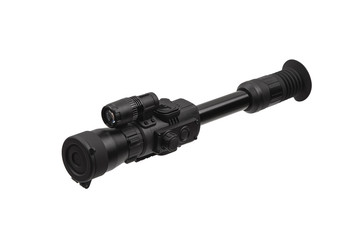 modern black optical scope for weapon isolated on whited. sight scope isolated on white back.