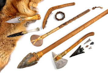 Stone Age Tools on white Background - Panoramic View - obrazy, fototapety, plakaty