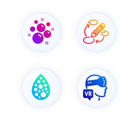 Artificial colors, Keywords and Clean bubbles icons simple set. Button with halftone dots. Augmented reality sign. Natural flavor, Marketing strategy, Laundry shampoo. Virtual reality. Vector