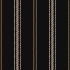 Stripe pattern seamless vector. Vertical textured lines in gold on black background for summer dress, bed sheet, trousers, duvet cover, or other modern textile print.