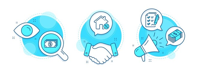 Banking, Loan house and Survey checklist line icons set. Handshake deal, research and promotion complex icons. Usd currency sign. Money payment, Discount percent, Report. Buying commerce. Vector