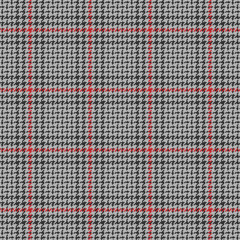 Tweed check plaid pattern. Seamless hounds tooth vector plaid background texture in grey and red for coat, jacket, skirt, dress, trousers, or other modern autumn or winter glen textile design.