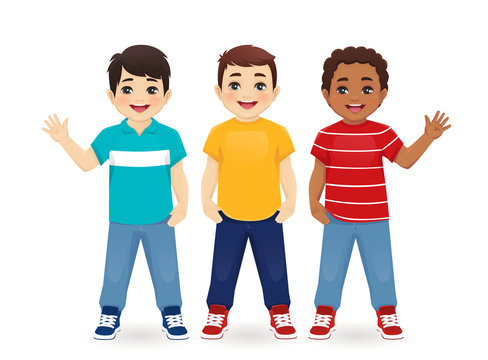Multiethnic boy friends. Three different male kid faces. Asian, african and caucasian standing isolated vector illustration