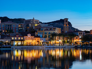 Night view of the beautiful buildings in Lake Las Vegas