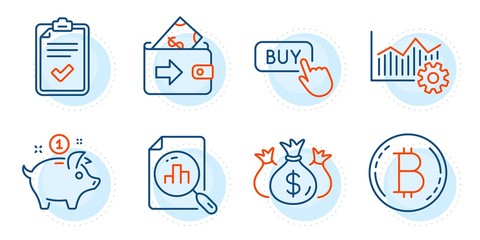 Buy button, Bitcoin and Analytics graph signs. Checklist, Check investment and Wallet line icons set. Operational excellence, Saving money symbols. Survey, Business report. Finance set. Vector