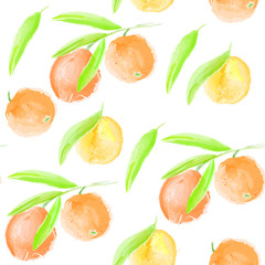 Tropical seamless pattern with grapefruit, mandarin or orange, imitation of watercolor, hand drawing. Fruit texture. Vector vibrant citrus print for fabric or wallpaper.