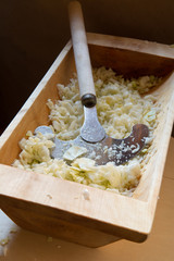 Pickling cabbage. Sauerkraut cooking. Chaff, a wooden trough.