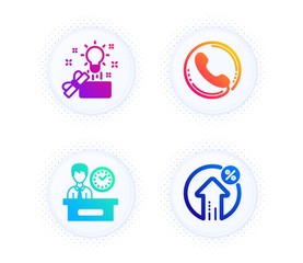 Call center, Presentation time and Creative idea icons simple set. Button with halftone dots. Loan percent sign. Phone support, Report, Present box. Growth rate. Business set. Vector