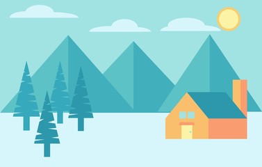 Fototapeta na wymiar Camping in the mountains and forest. Cabin in the woods outdoor activity. Vector colorful landscape.