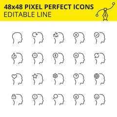 Scaled Icons of Human Head and Avatars. Person Symbols for info graphics, websites and mobile applications which includes User Search, Favorites, Settings, refresh. Pixel Perfect Editable Set 48x48.