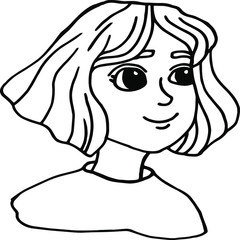 Illustration face in white background. Beautiful and young girl with short hair. Close up portrait. Sketch. Isolated outline, line, contour.