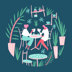 Friends in a cafe for a cup of coffee. Vector templates