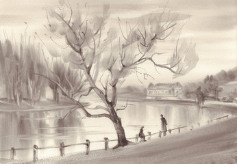 River landscape in sepia watercolor vintage background