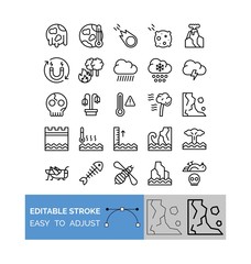climate related clouds, grasshopper, thermometer, global warming, water waves, forest fire, skeleton, honey bee, fish bone, dead bird and mountains vector in lineal style,