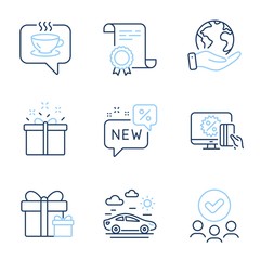 Coffee, Online shopping and Car travel line icons set. Diploma certificate, save planet, group of people. Special offer, Surprise package and New signs. Cafe, Black friday, Transport. Vector