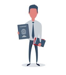 Businessman or clerk. Male character in trendy simple style with objects, flat vector illustration. Business concept. Isolated on white background.