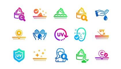Collagen, Cream, Serum oil and Skincare. Skin care icons. Face sun lotion gel, Uv protection, vitamin E icons. Face skin care cream protection. Classic set. Gradient patterns. Vector