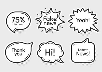 Comic chat bubbles. Fake news, 75% discount and latest news. Thank you, hi and yeah phrases. Sale shopping text. Chat messages with phrases. Drawing texting thought speech bubbles. Vector