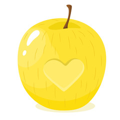 Heart shaped yellow apple with carving. Vector isolate in cartoon flat style on a white background.