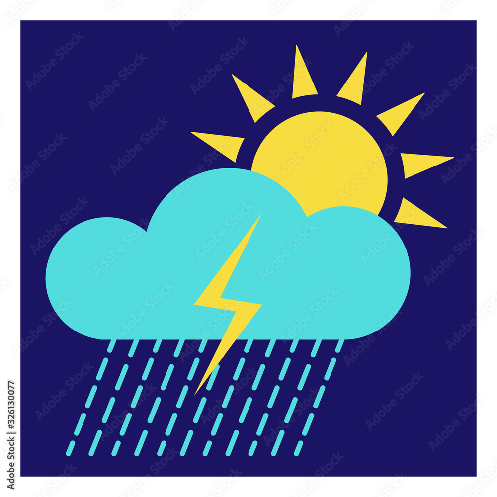 Aufkleber modern icon illustration of sun with cloud and rain on blue backdrop. blue background. vector icon. 