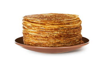 Pancake isolated over white background Blinis Big Stack of delicious pancakes on plate isolated on white National cuisine Vector clipping path