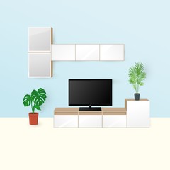 Vector illustration of living room interior with modern furniture and LED TV. Modern, minimal interior with TV stand and home palm plants in pot. Flat cartoon style, Sweden furniture design.
