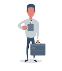 Businessman or clerk. Male character in trendy simple style with objects, flat vector illustration. Business concept. Isolated on white background.