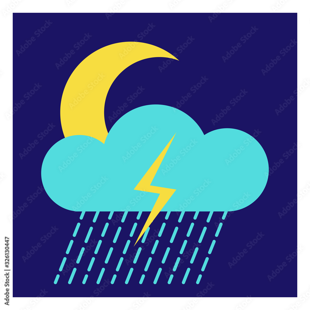 Poster modern icon illustration of moon with cloud and rain on blue backdrop. blue background. vector icon.