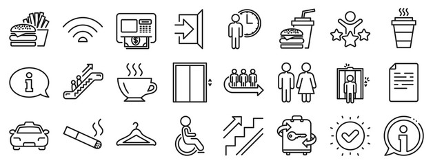 Elevator, Cloakroom and Taxi icons. Public Services, Wifi line icons. Exit, ATM and Escalator. Wifi, Lift or elevator, Restaurant food. Public cloakroom, information, coffee and smoking. Vector