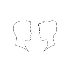 Man and woman silhouette face to face. Line icon. Vector in flat