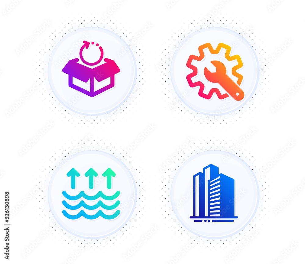 Poster evaporation, customisation and return package icons simple set. button with halftone dots. skyscrape