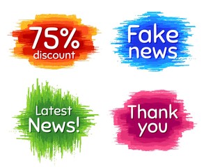 Fake news, 75% discount and latest news. Dirty brush stroke. Thank you phrase. Sale shopping text. Paint, ink watercolor brush stroke. Grunge painbrush dash. Vector