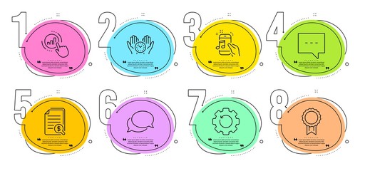 Financial documents, Reward and Recovery gear signs. Timeline steps infographic. Music phone, Messenger and Safe time line icons set. Blog, Graph chart symbols. Radio sound, Speech bubble. Vector