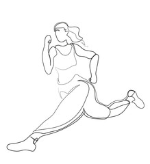 One continuous line drawing of Healthy lifestyle woman runner. Young lady running.