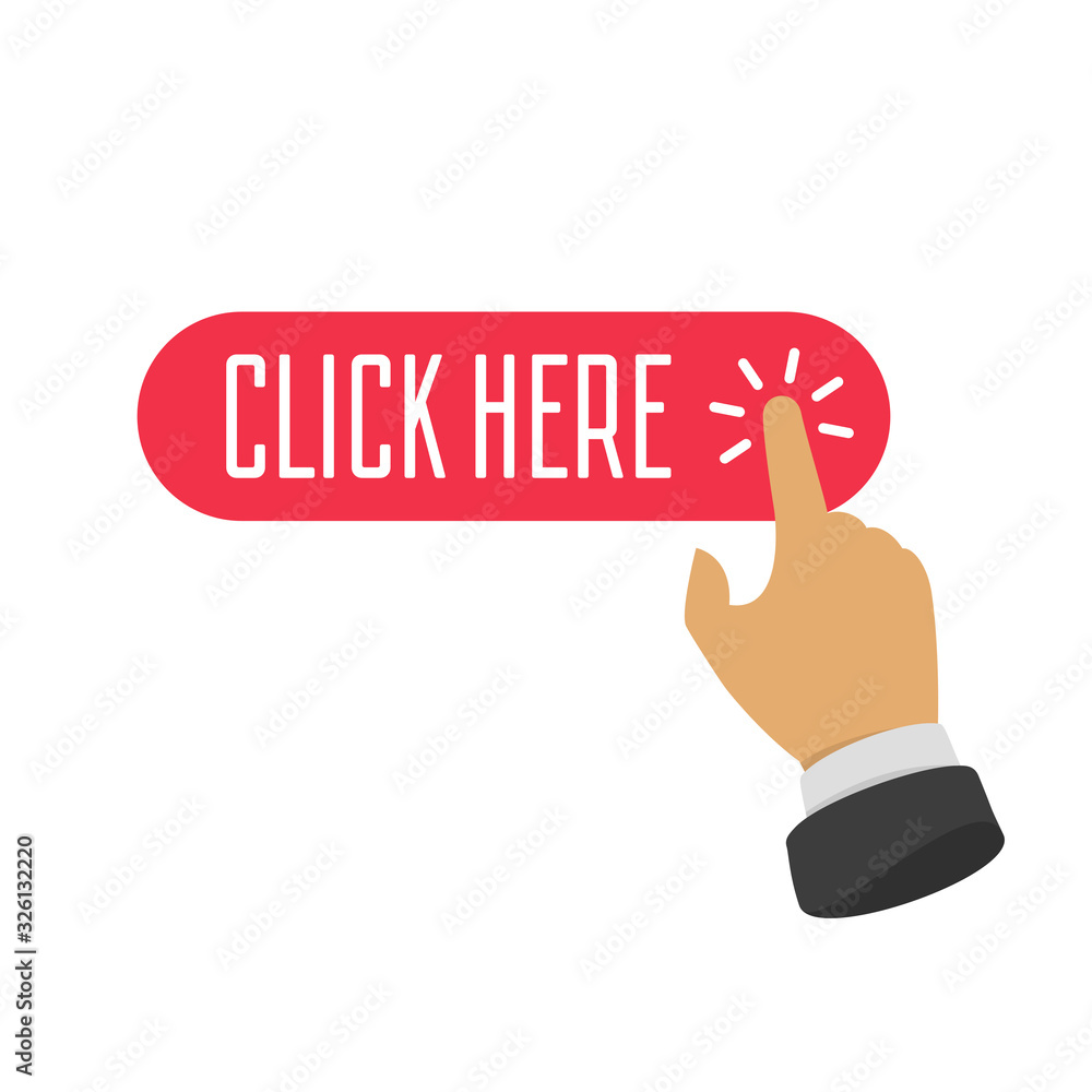 Fototapete click here button with hand pointer clicking. vector click web sign cursor symbol. illustration in f