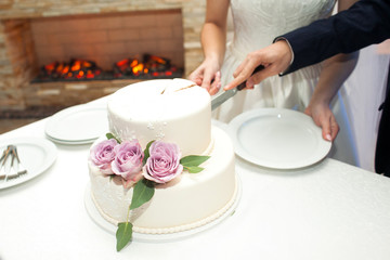 The hands of the bride and groom cut the wedding white cake with pink roses. Tradition, young couple cutting wedding cake