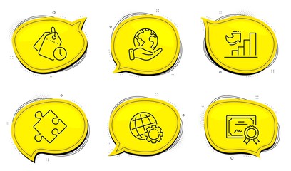 Globe sign. Diploma certificate, save planet chat bubbles. Strategy, Time management and Growth chart line icons set. Puzzle, Clock tags, Diagram graph. Internet settings. Education set. Vector