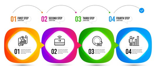 Graph chart, Report document and Contactless payment line icons set. Timeline steps. 360 degrees sign. Growth report, Growth chart, Financial payment. Panoramic view. Technology set. Vector