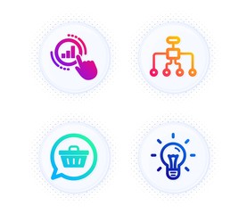 Graph chart, Shopping cart and Restructuring icons simple set. Button with halftone dots. Idea sign. Get report, Dreaming of gift, Delegate. Light bulb. Technology set. Vector