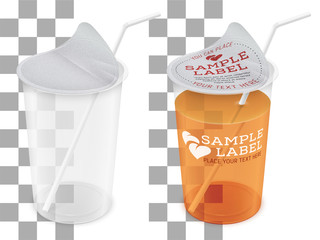 Vector labeled open round transparent plastic cup with foil cap and straw. Packaging mockup illustration. - 326132676