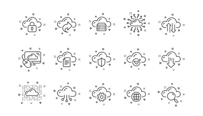 Hosting, Computing data and File storage. Computer cloud icons. Computer sync technology linear icon set. Geometric elements. Quality signs set. Vector