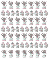 Repeated rows of flower jars and decorated eggs. Watercolor on a white background.