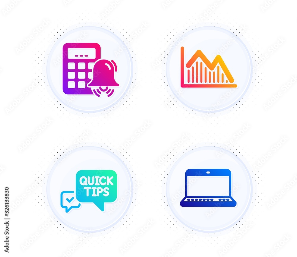 Poster investment graph, quick tips and calculator alarm icons simple set. button with halftone dots. noteb