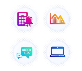 Investment graph, Quick tips and Calculator alarm icons simple set. Button with halftone dots. Notebook sign. Investment infochart, Helpful tricks, Accounting. Laptop computer. Education set. Vector
