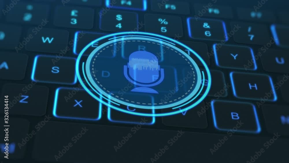 Poster close-up of a computer keyboard controlled by voice, futuristic hud design (3d render)