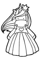 Jpeg illustration. Hand drawing. Cartoon princess unicorn in a crown. Beautiful magnificent dress. Isolated on white. Coloring page. Cute character. The original print.