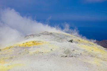Volcano crater of the volcano with sulphurous fumes, Aeolian Islands, Messina, Sicily, Italy